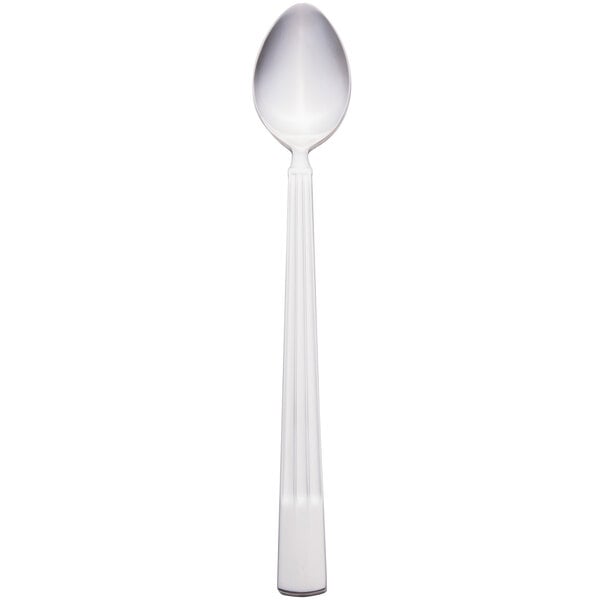 A Libbey stainless steel iced tea spoon with a white handle and silver spoon.