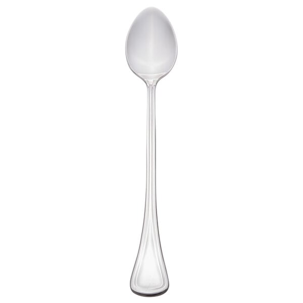A Libbey stainless steel iced tea spoon with a white handle and silver spoon.