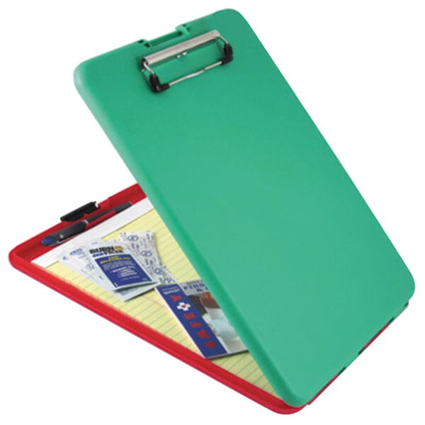 A red and green Saunders SlimMate Show2Know clipboard holding papers with a pen.