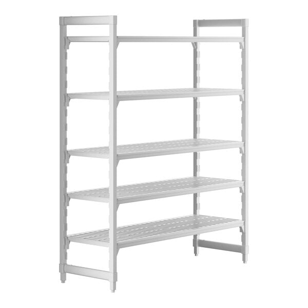 A white Cambro Camshelving® Premium shelving unit with 5 vented shelves.