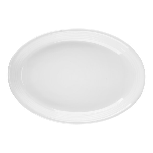 A white oval plate with a curved edge.