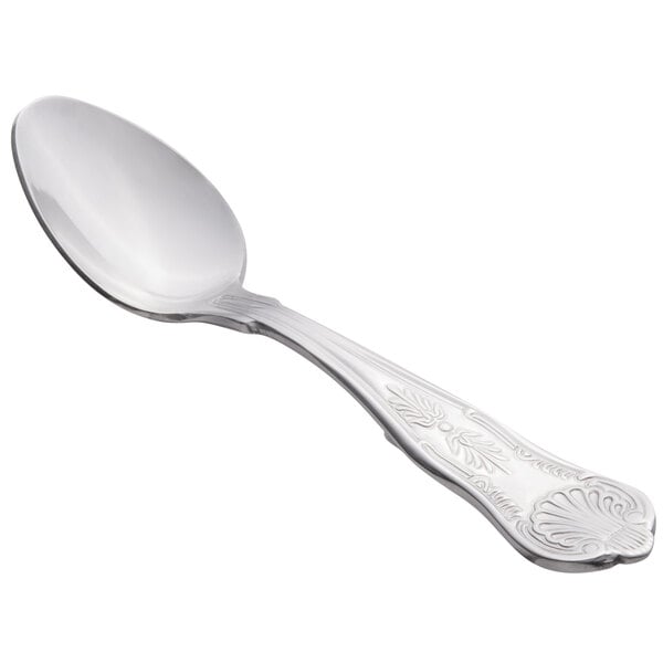 A Libbey stainless steel demitasse spoon with a design on the handle.