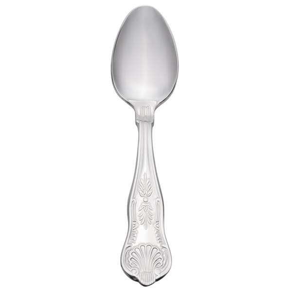 A close-up of a Libbey stainless steel demitasse spoon with an ornate design.