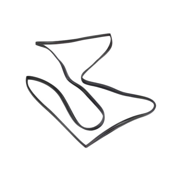 A black, flexible rubber-like gasket or seal laid out in an irregular shape on a white background.