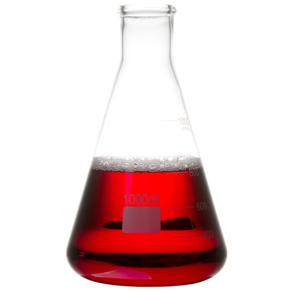 An American Metalcraft glass Erlenmeyer flask filled with red liquid.