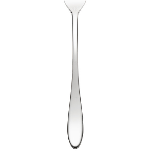 A stainless steel dinner fork with a white background.