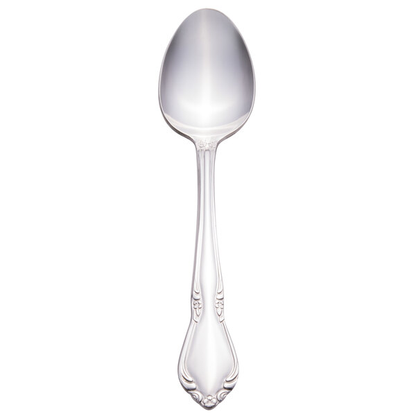 A silver dessert spoon with a handle.