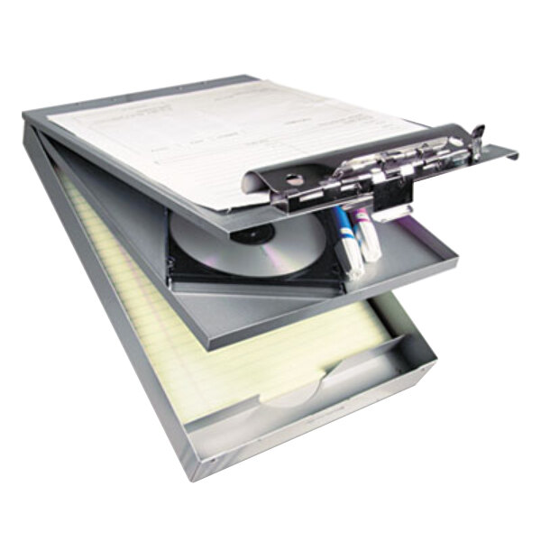 A Saunders silver aluminum storage clipboard with a piece of paper in it.