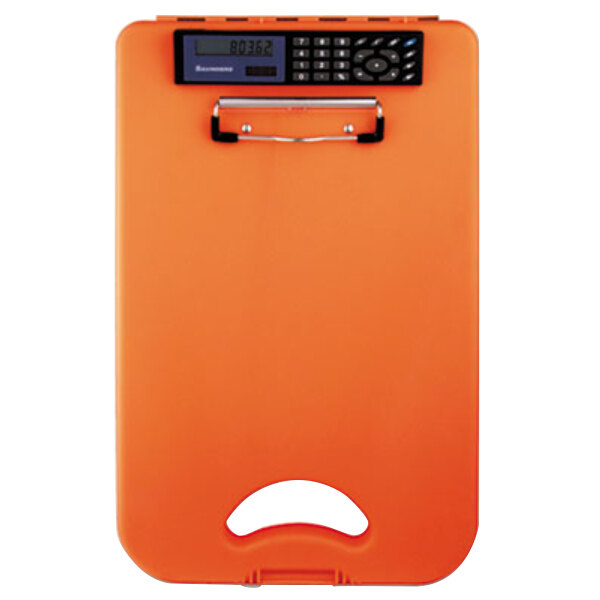 A Saunders orange clipboard with a calculator on it.