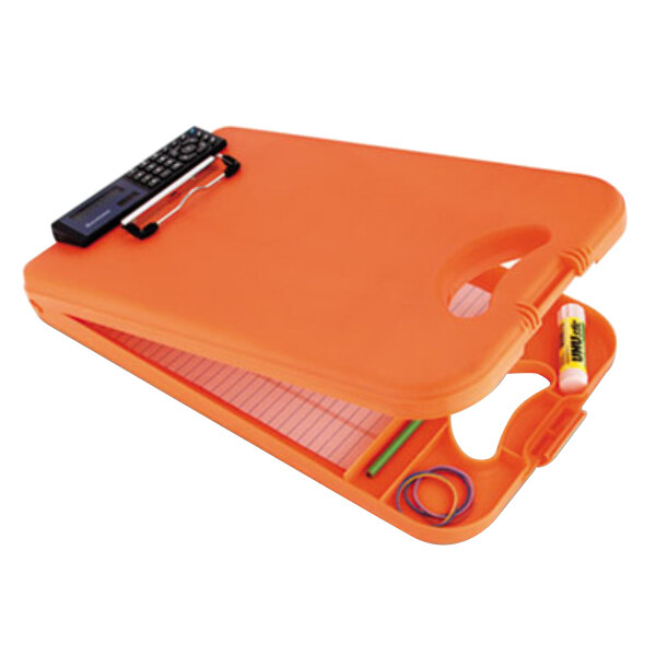 An orange Saunders DeskMate II clipboard with a calculator and pen.