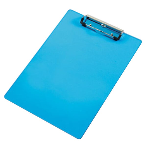 A close-up of a transparent blue Saunders plastic clipboard with a metal clip.