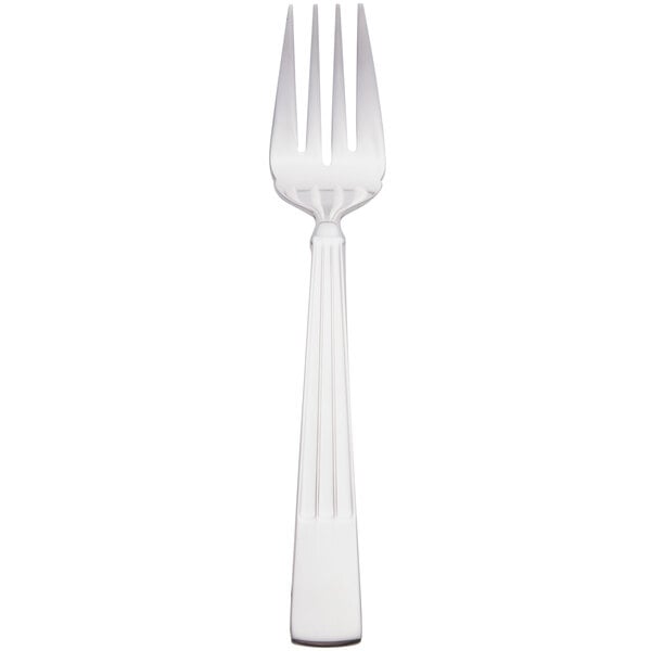 A close-up of a Libbey Gibraltar stainless steel salad fork with a black base.