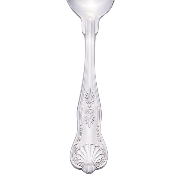 A white Libbey teaspoon with a silver handle and the word "Kings" engraved on the handle.
