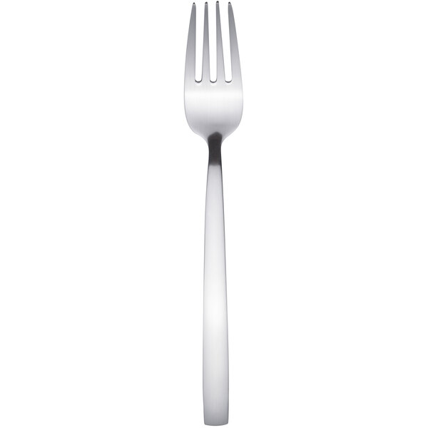 A silver fork with a white handle.