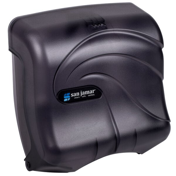 A black plastic San Jamar towel dispenser.