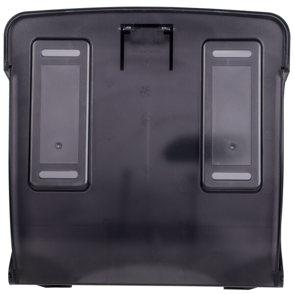 A black plastic San Jamar Ultrafold towel dispenser cover with two rectangular holes.