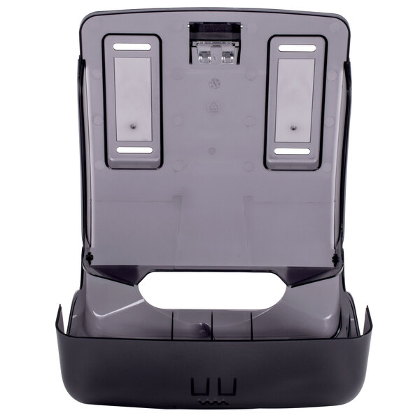 A black plastic San Jamar multifold towel dispenser with two holes.