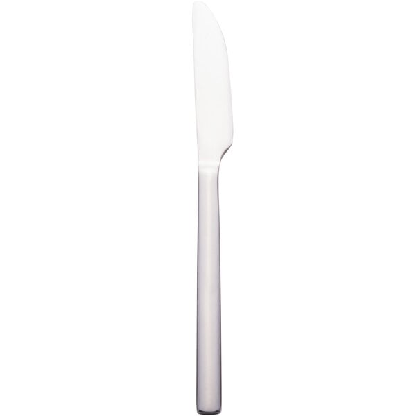 A white Libbey Elexa dinner knife with a silver handle.
