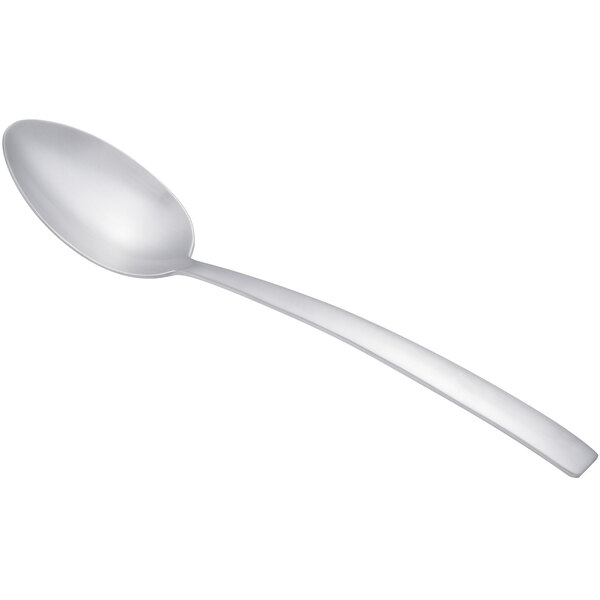 An Arcoroc stainless steel dinner spoon with a silver handle on a white background.