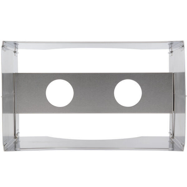 A clear plastic package containing a silver rectangular Sterno WindGuard frame with circles on the sides.