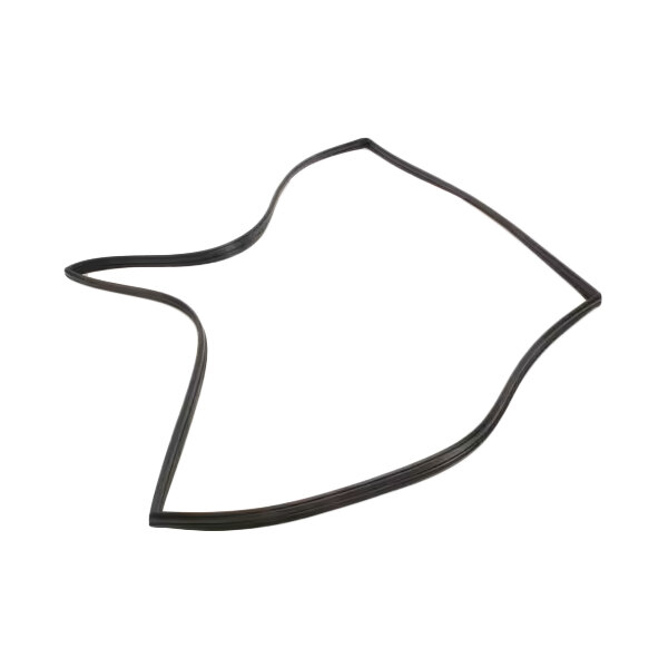 A black, irregularly shaped rubber or vinyl-like gasket laid flat on a white background.
