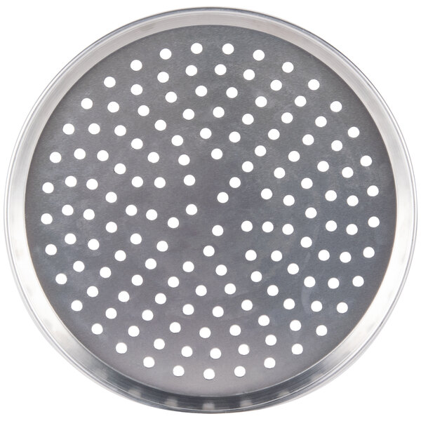 An American Metalcraft heavy weight aluminum deep dish pizza pan with perforations.