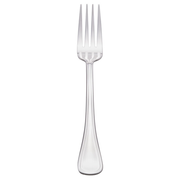 A silver Libbey stainless steel utility fork with a white handle.