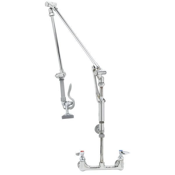 A silver T&S pre-rinse faucet with a long arm and a hose attached.