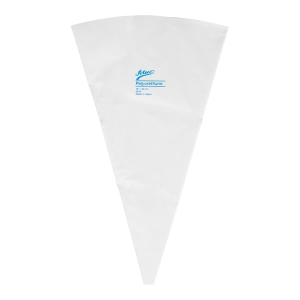 A white, triangular pastry bag with blue text printed near the top center.