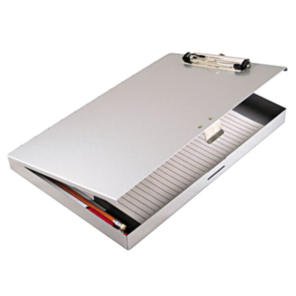 A Saunders gray recycled aluminum storage clipboard with a paper and pencil on it.