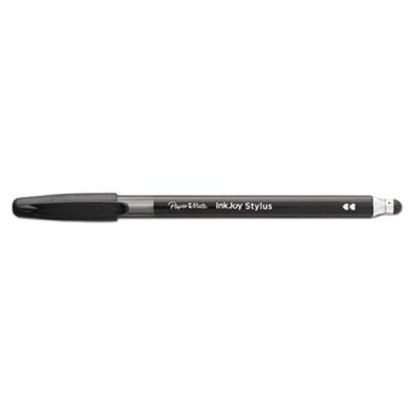 A Paper Mate black ballpoint pen with a black cap and black stylus tip.