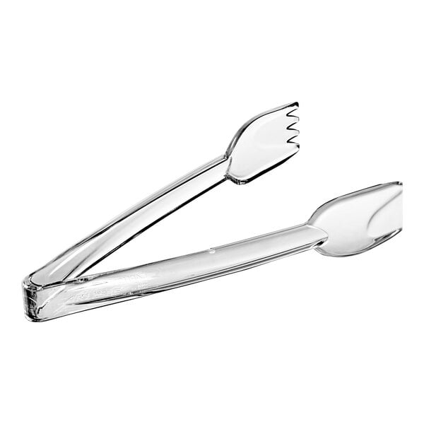 Carlisle clear polycarbonate salad tongs with a few tongs on the end.