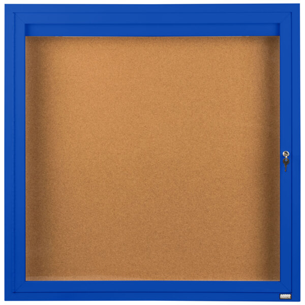 A blue Aarco enclosed bulletin board with a blue frame and key.