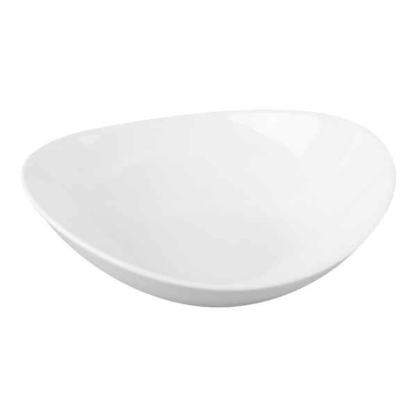 A white, asymmetrical porcelain bowl with smooth, curved edges.