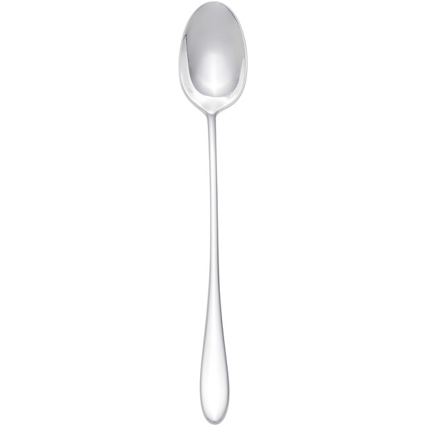 A silver spoon with a black handle on a white background.