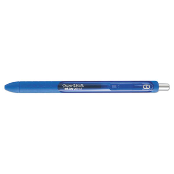 A Paper Mate blue retractable gel pen with a blue tip and barrel and a black cap.