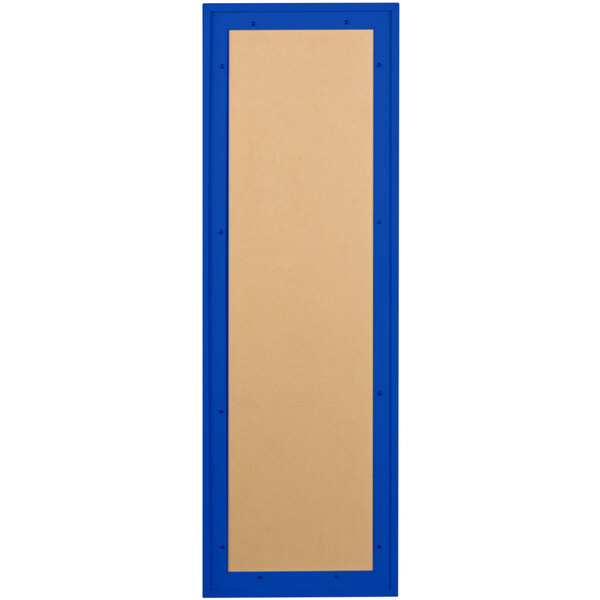 An Aarco blue rectangular bulletin board cabinet with a tan border.