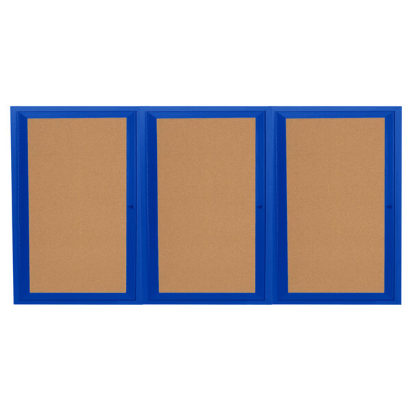 A brown bulletin board cabinet with blue trim and three blue bulletin boards behind three doors.