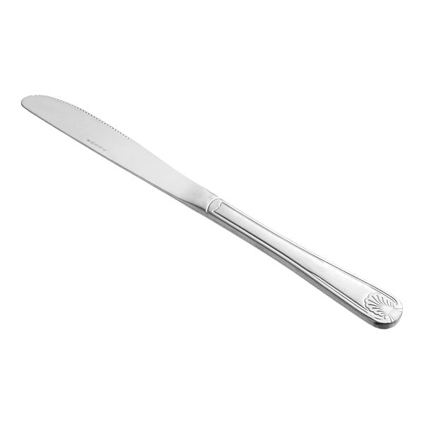 An Acopa stainless steel dinner knife with a silver handle on a white background.