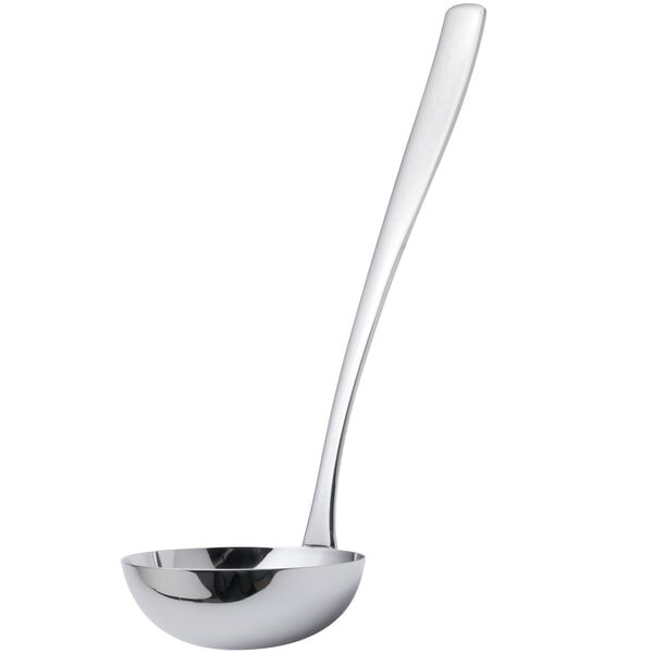 An Arcoroc stainless steel soup ladle with a long silver handle and a silver bowl.