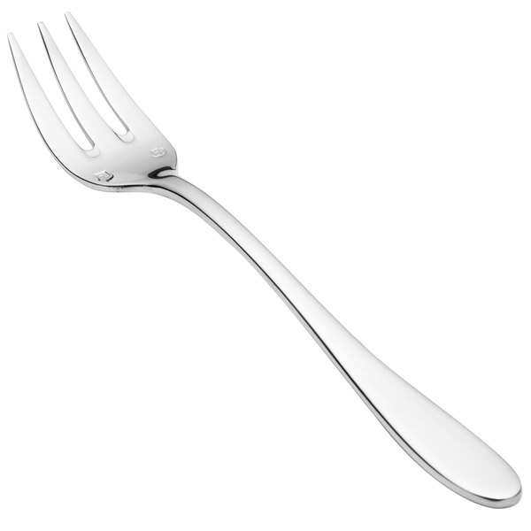 A close-up of a silver Chef & Sommelier Lazzo oyster fork.