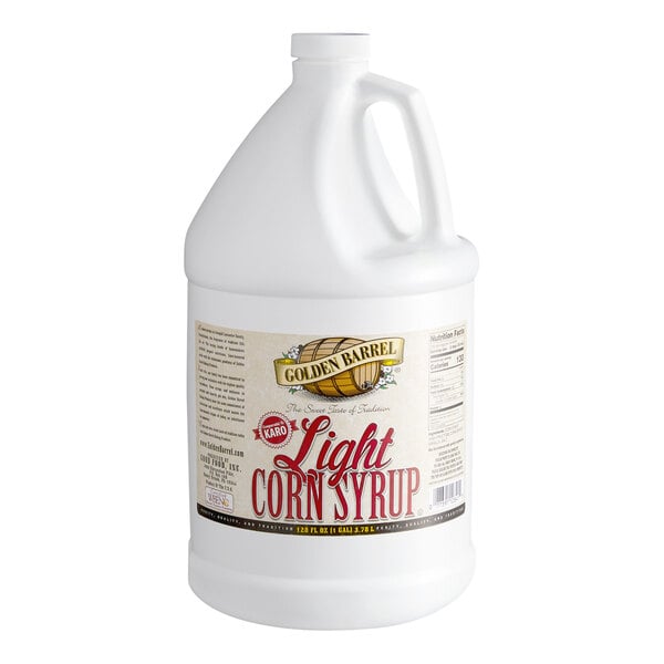 A large white plastic jug with a handle and a label that reads 'Golden Barrel Light Corn Syrup.'