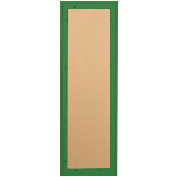 A rectangular green and tan Aarco bulletin board cabinet with a hole in the middle.