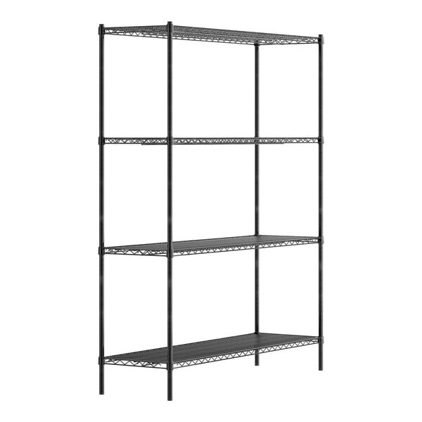 A black metal Regency wire shelving unit with four shelves.