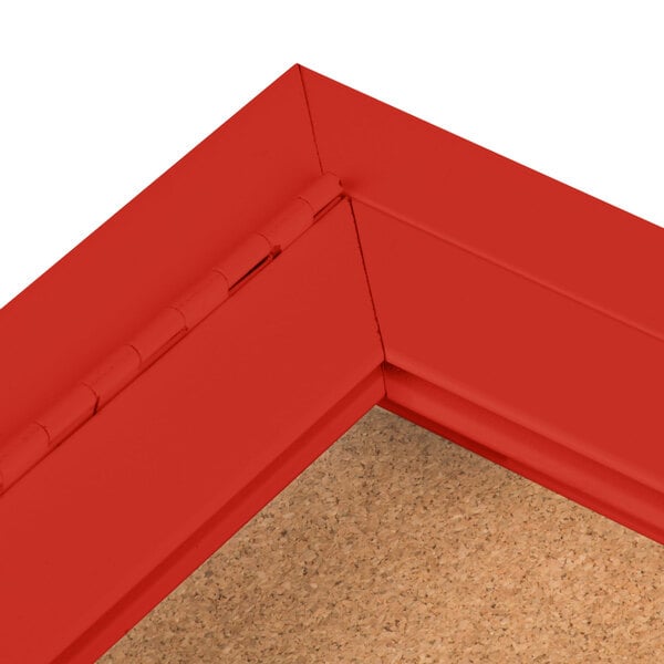 A red Aarco bulletin board cabinet with a corner.