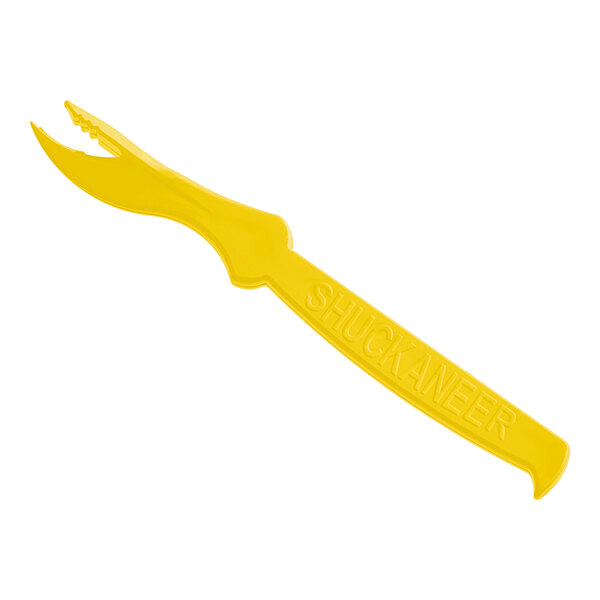A close-up of a yellow plastic Choice Shuckaneer seafood sheller with a curved handle.