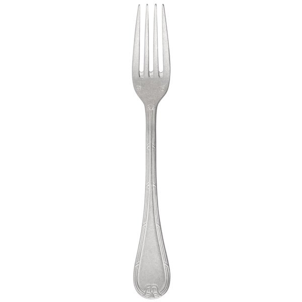 A silver fork with a black top on a white background.