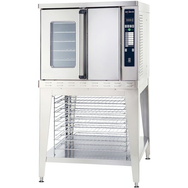 A stainless steel stationary stand with cooling racks and bullet feet for Alto-Shaam convection ovens.