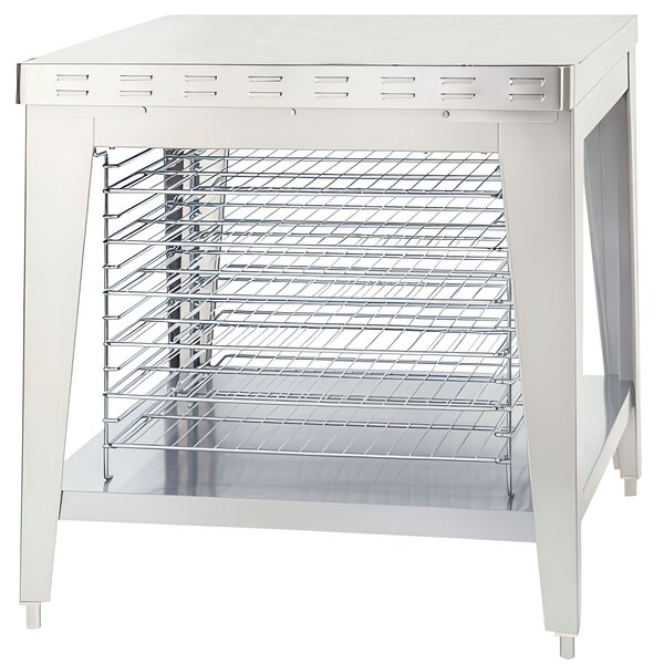 A stainless steel stationary stand with cooling racks for Alto-Shaam convection ovens.