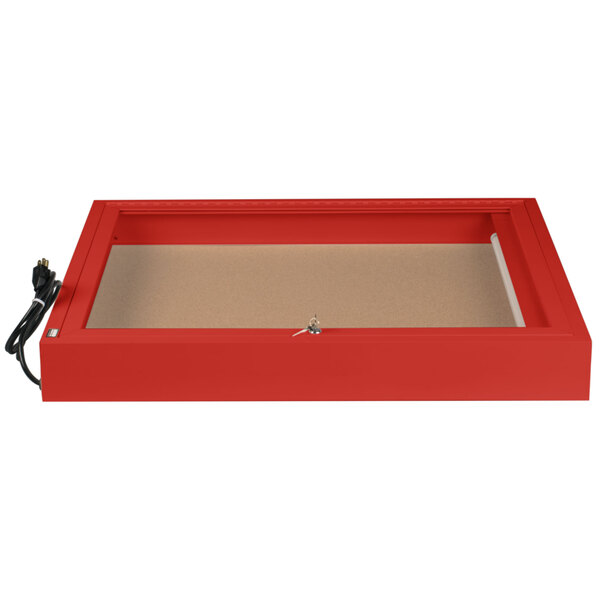 A red rectangular Aarco bulletin board cabinet with a key.